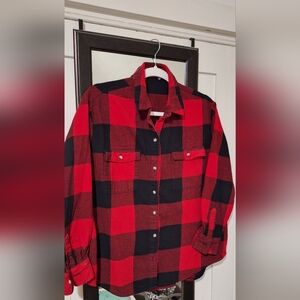 Red and Black Plaid Button-Up Shirt.
